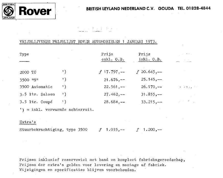 Rover PRIJSLIJST 1973