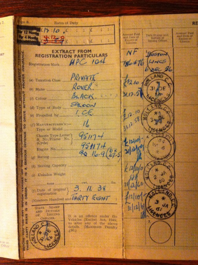 13.08.2014 Originele Engelse kentekenbewijs 3.11.1938